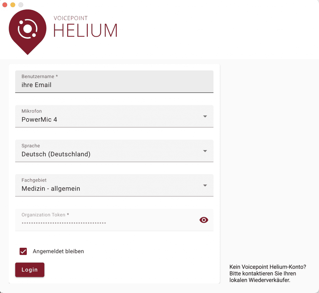 Voicepoint Helium Anmeldungsseite