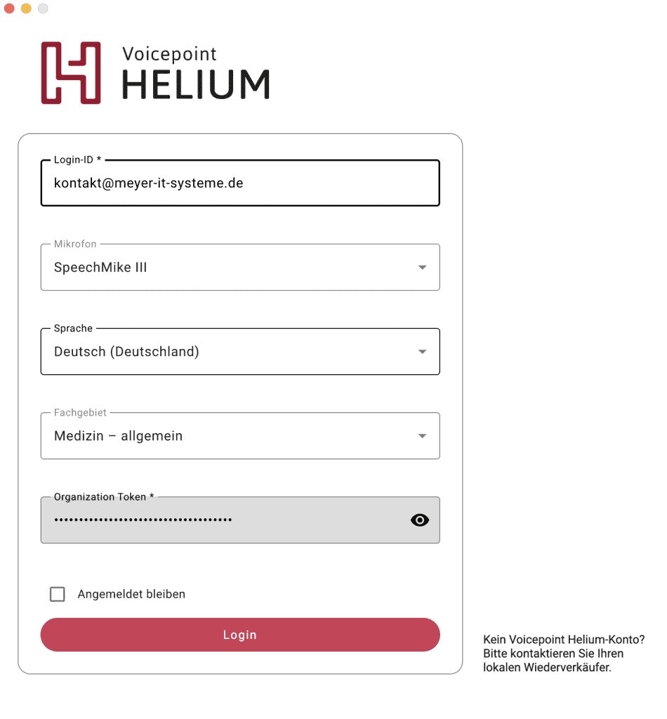 Anmeldemaske von Voicepoint Helium 2025.1