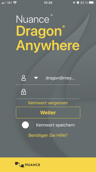 Anmeldung der Dragon Anywhere Mobile App