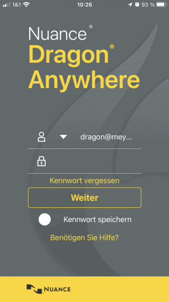 Anmeldung der Dragon Anywhere Mobile App
